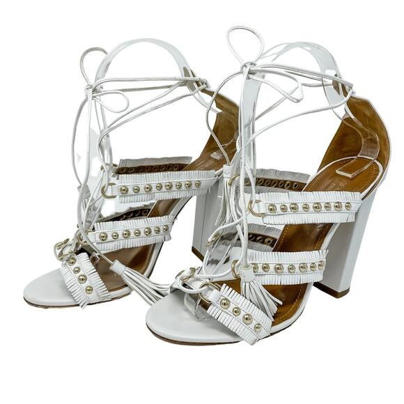 Aquazzura White Tulum Fringed Leather Studded Gladiator Sandal size 37.5 - Picture 2 of 12